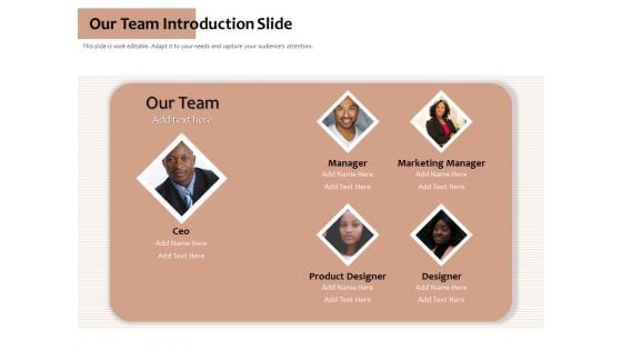 Our Team Introduction Slide Ppt PowerPoint Presentation Gallery Designs PDF