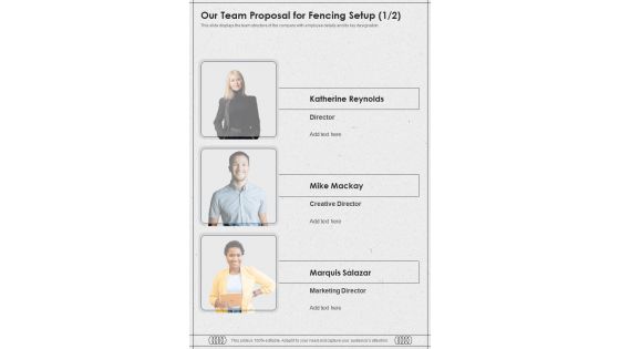 Our Team Proposal For Fencing Setup One Pager Sample Example Document Our Team Proposal For Fencing Setup One Pager Sample Example Document