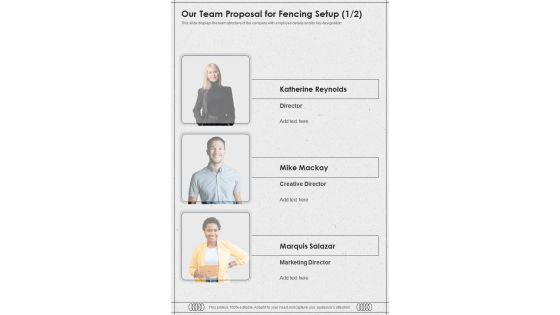 Our Team Proposal For Fencing Setup One Pager Sample Example Document