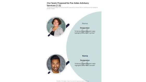 Our Team Proposal For Pre Sales Advisory Services One Pager Sample Example Document Our Team Proposal For Pre Sales Advisory Services One Pager Sample Example Document