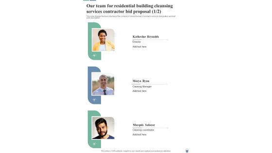 Our Team Residential Building Cleansing Services Contractor Bid Proposal One Pager Sample Example Document