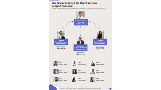 Our Team Structure For Client Service Support Proposal One Pager Sample Example Document