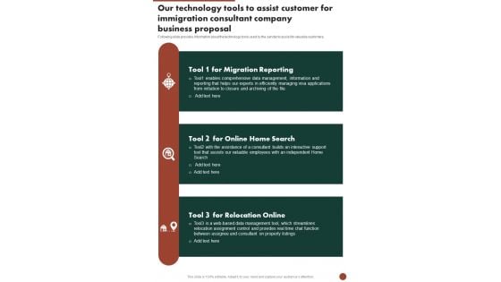 Our Technology Tools To Assist Customer For Immigration Consultant Company Business One Pager Sample Example Document