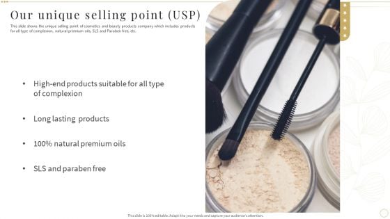 Our Unique Selling Point USP Skin Care And Beautifying Products Company Profile Elements PDF