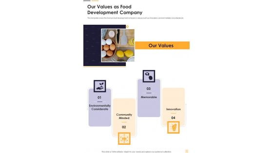 Our Values As Food Development Company One Pager Sample Example Document