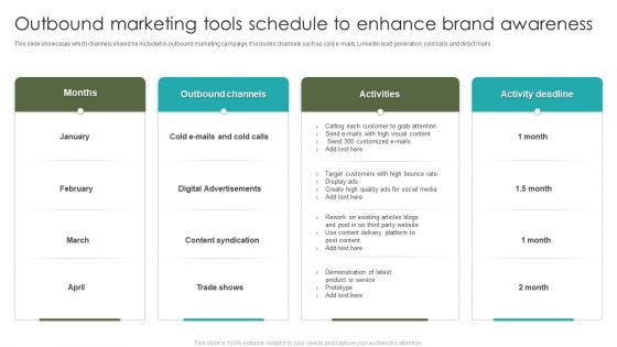 Outbound Marketing Tools Schedule To Enhance Brand Awareness Ppt Infographic Template Picture PDF