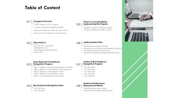 Outstanding Performer Workplace Table Of Content Ppt Professional Designs Download PDF