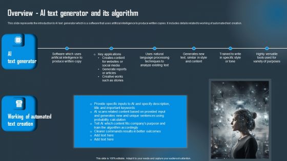 Overview AI Text Generator And Its Algorithm Slides PDF