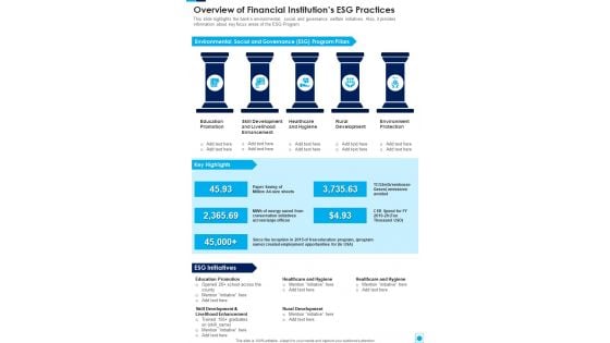 Overview Of Financial Institutions ESG Practices One Pager Documents