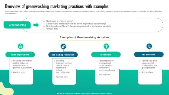 Overview Of Greenwashing Marketing Practices With Examples Diagrams PDF