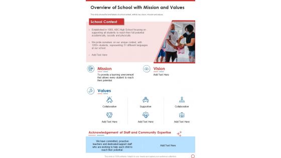 Overview Of School With Mission And Values One Pager Documents