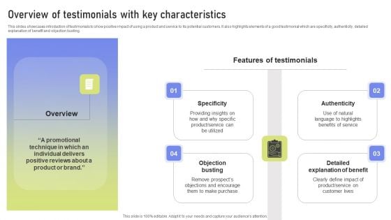 Overview Of Testimonials With Key Characteristics Ppt PowerPoint Presentation File Layouts PDF