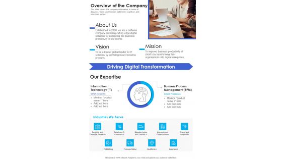 Overview Of The Company Template 163 One Pager Documents Overview Of The Company Template 163 One Pager Documents