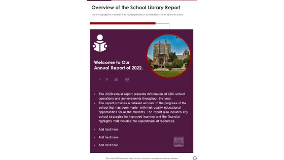 Overview Of The School Library Report Template 96 One Pager Documents