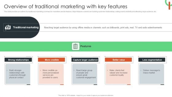 Overview Of Traditional Marketing With Key Features Icons PDF