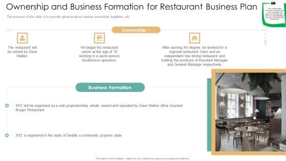 Ownership And Business Formation For Restaurant Business Plan Portrait PDF