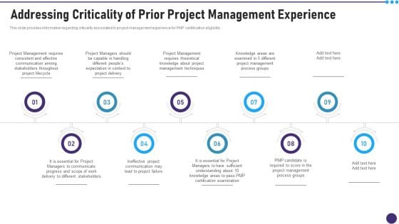 PMP Acceptability Benchmarks IT Addressing Criticality Of Prior Project Management Experience Infographics PDF