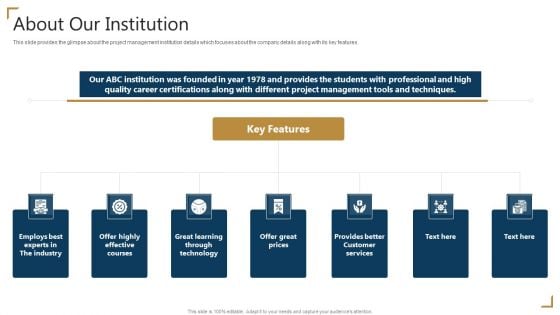 PMP Certification About Our Institution Ppt Infographic Template Ideas PDF