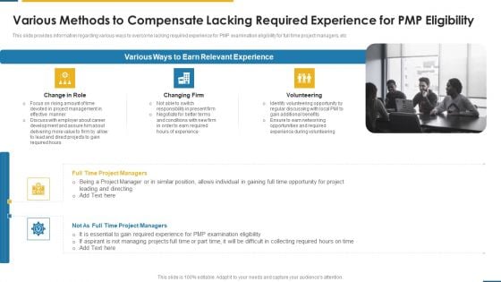 PMP Certification Criteria IT Various Methods To Compensate Lacking Required Experience For PMP Eligibility Ppt Layouts Graphics PDF