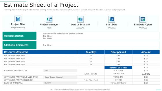 PMP Toolkit Estimate Sheet Of A Project Ppt Model Master Slide PDF