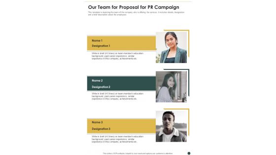 PR Campaign Our Team For Proposal One Pager Sample Example Document PR Campaign Our Team For Proposal One Pager Sample Example Document