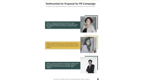 PR Campaign Testimonials For Proposal One Pager Sample Example Document PR Campaign Testimonials For Proposal One Pager Sample Example Document