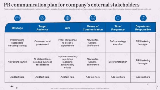 PR Communication Plan For Companys External Stakeholders Summary PDF
