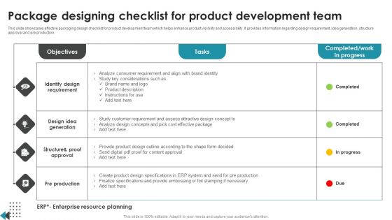 Package Designing Checklist For Product Development Team Structure PDF