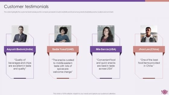 Packaged Food Firm Description Customer Testimonials Portrait PDF