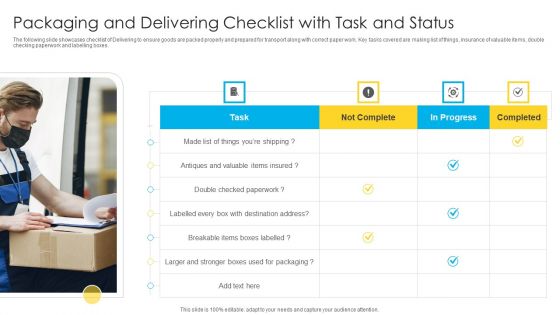 Packaging And Delivering Checklist With Task And Status Background PDF