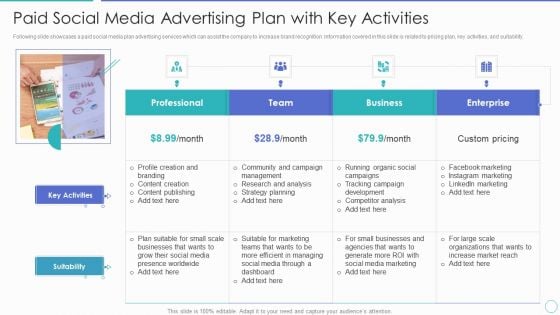 Paid Social Media Advertising Plan With Key Activities Ppt PowerPoint Presentation Gallery Icon PDF