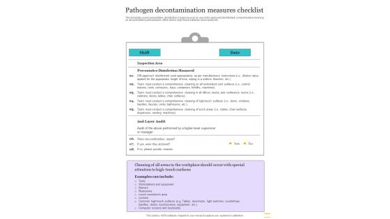 Pathogen Decontamination Measures Checklist One Pager Sample Example Document