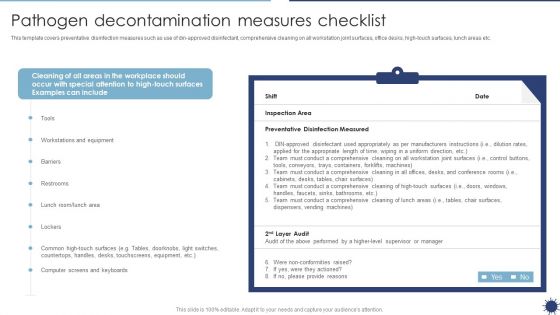 Pathogen Decontamination Measures Checklist Organization Transformation Instructions Mockup PDF