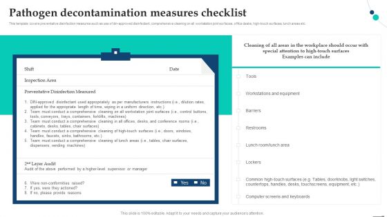 Pathogen Decontamination Measures Checklist Pandemic Company Playbook Portrait PDF