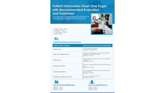 Patient Information Sheet One Pager With Recommended Evaluation And Treatment PDF Document PPT Template