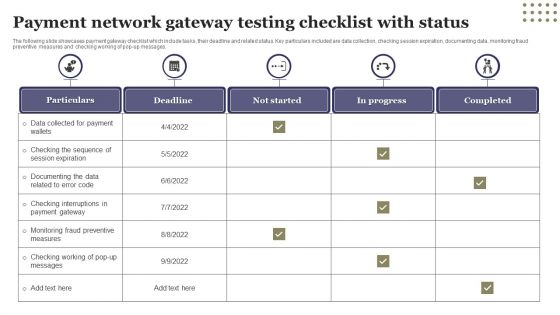 Payment Network Gateway Testing Checklist With Status Ppt Professional Tips PDF