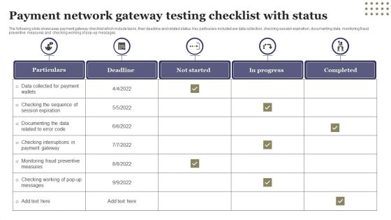 Payment Network Gateway Testing Checklist With Status Ppt Professional Tips PDF Payment Network Gateway Testing Checklist With Status Ppt Professional Tips PDF