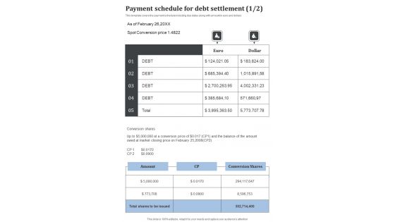 Payment Schedule For Debt Settlement One Pager Sample Example Document