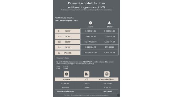 Payment Schedule For Loan Settlement Agreement One Pager Sample Example Document