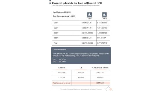 Payment Schedule For Loan Settlement One Pager Sample Example Document