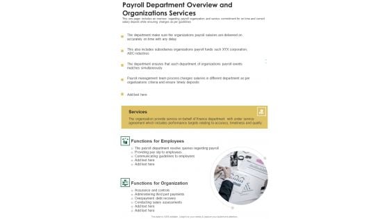 Payroll Department Overview And Organizations Services One Pager Documents