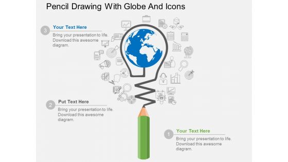 Pencil Drawing With Globe And Icons Powerpoint Template