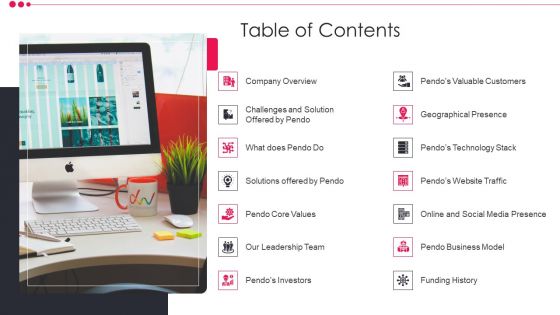 Pendo Venture Capital Financing Pitch Deck Table Of Contents Brochure PDF