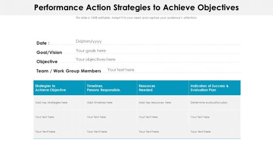 Performance Action Strategies To Achieve Objectives Ppt PowerPoint Presentation Diagram Lists PDF