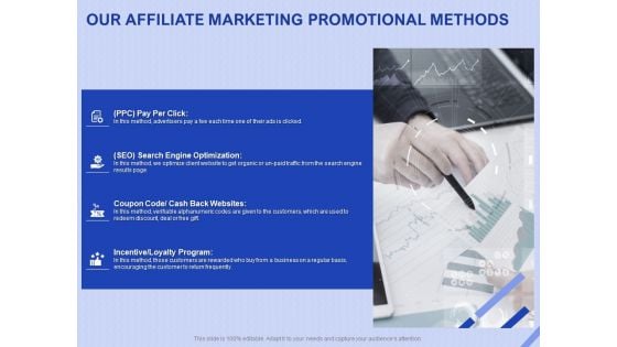 Performance Based Marketing Proposal Our Affiliate Marketing Promotional Methods Ppt Inspiration Portfolio PDF Performance Based Marketing Proposal Our Affiliate Marketing Promotional Methods Ppt Inspiration Portfolio PDF