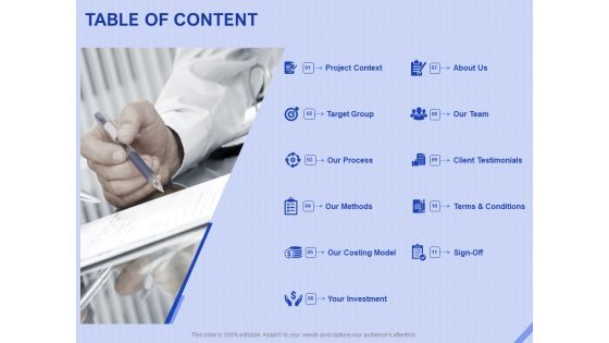 Performance Based Marketing Proposal Table Of Content Ppt Layouts Grid PDF