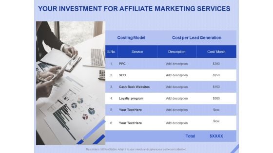 Performance Based Marketing Proposal Your Investment For Affiliate Marketing Services Ppt Summary Graphics PDF