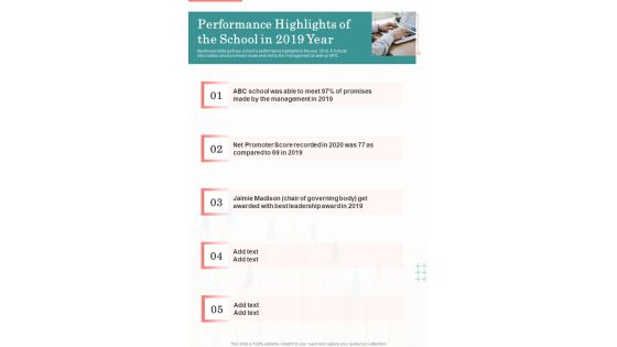 Performance Highlights Of The School In 2019 Year One Pager Documents