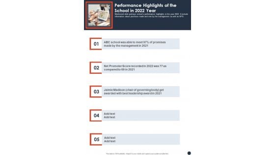 Performance Highlights Of The School In 2022 Year One Pager Documents