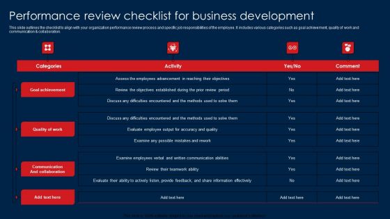 Performance Review Checklist For Business Development Summary PDF